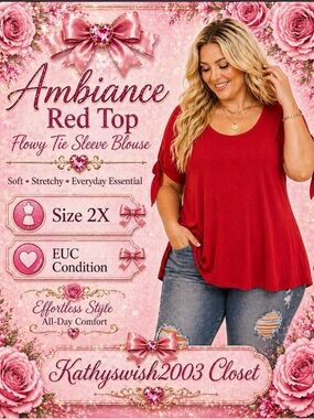 Ambiance Women’s Plus Size 2X Red Top with Knot Ties on Sleeves